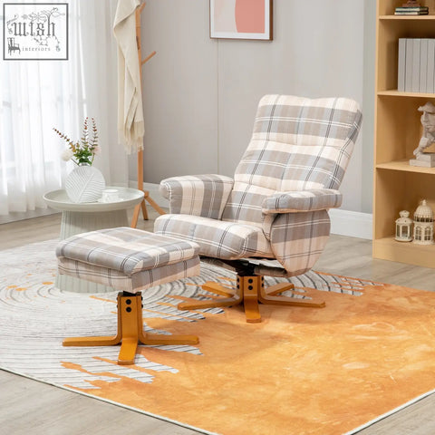 Plaid-patterned homcom linen swivel recliner chair with wooden base and footstool perfect for living room comfort