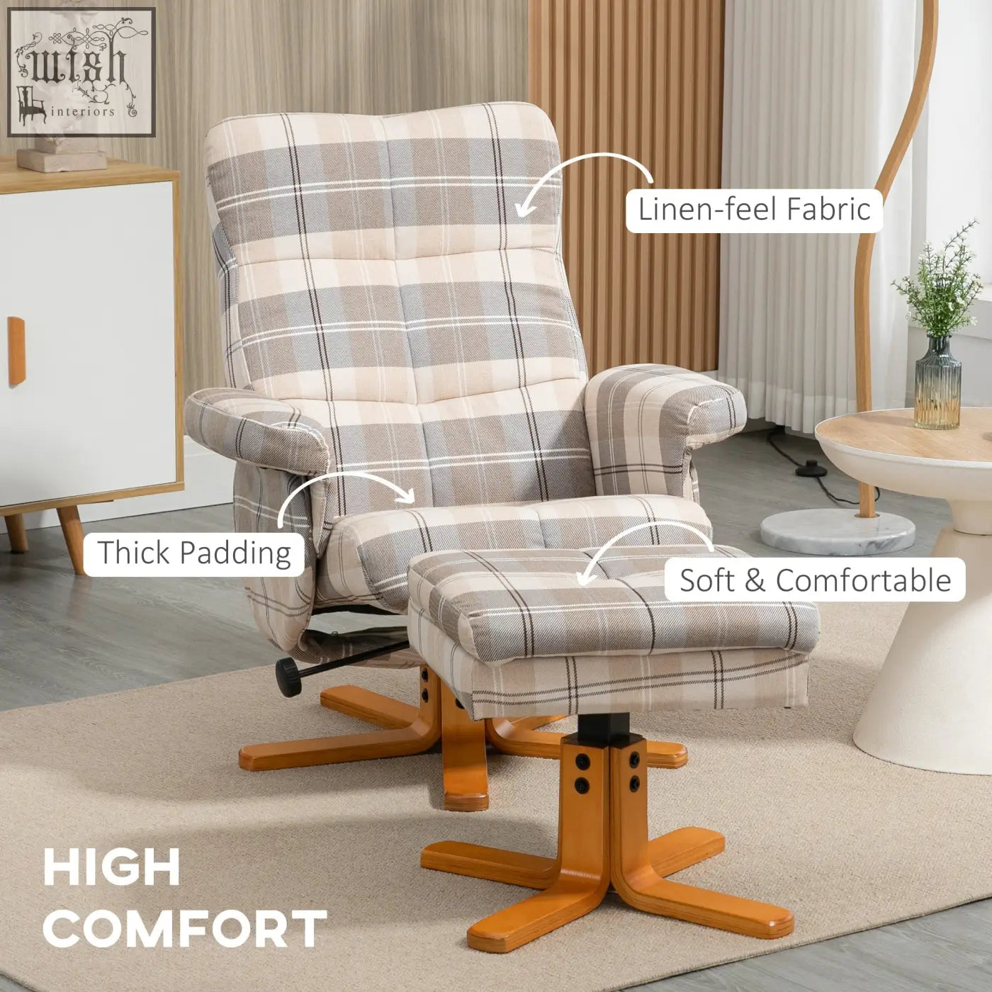 Homcom linen swivel recliner chair with plaid linen-feel fabric thick padding and wooden base with matching ottoman