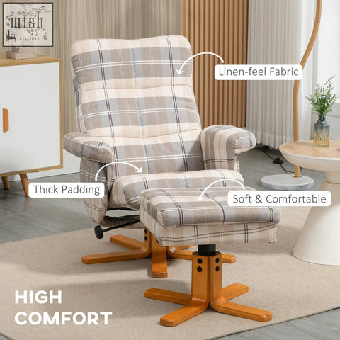 Homcom linen swivel recliner chair with plaid linen-feel fabric thick padding and wooden base with matching ottoman
