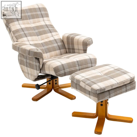 Plaid-patterned homcom linen swivel recliner chair with footstool upholstered in beige and gray fabric on wooden base