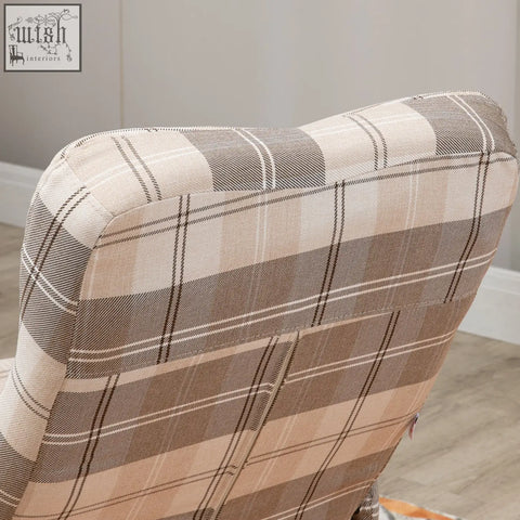 Plaid-patterned homcom linen swivel recliner chair with wooden base in beige brown and black tones with footstool and storage