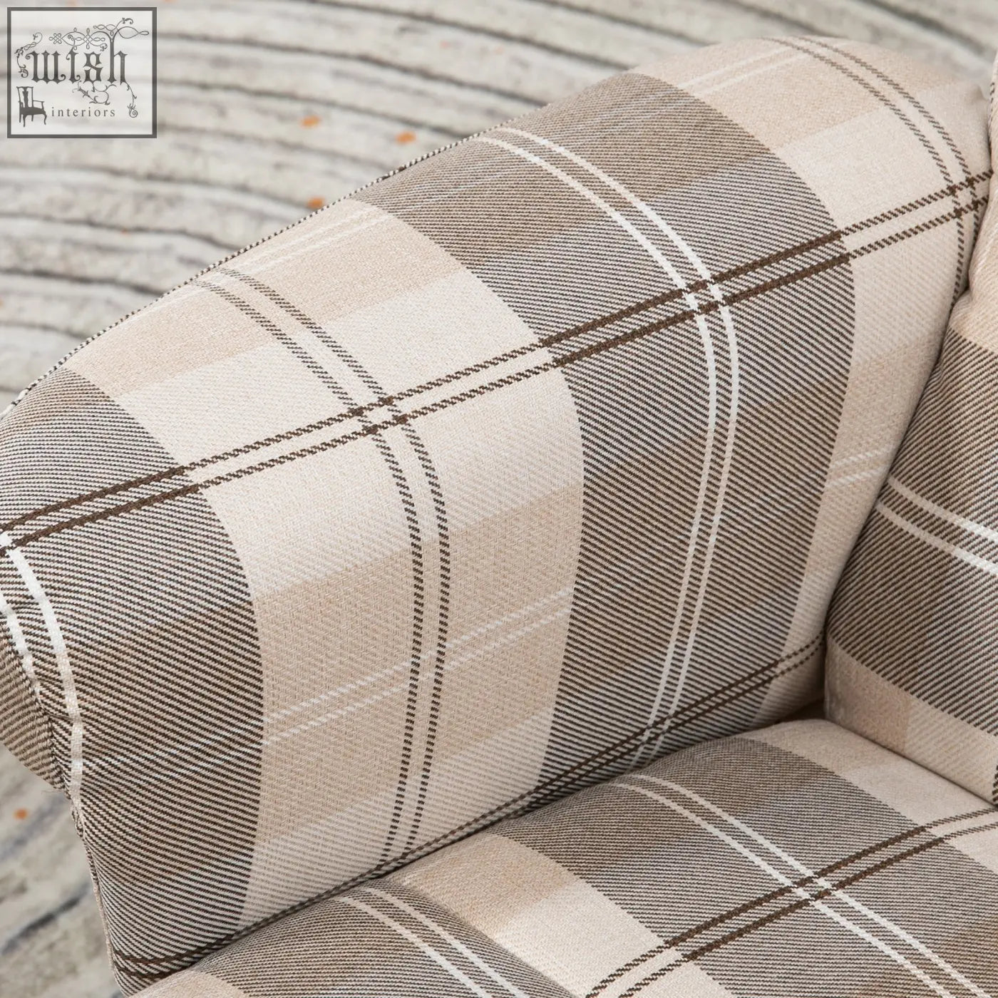 Beige and brown plaid upholstered homcom linen swivel recliner chair with wooden base and footstool storage