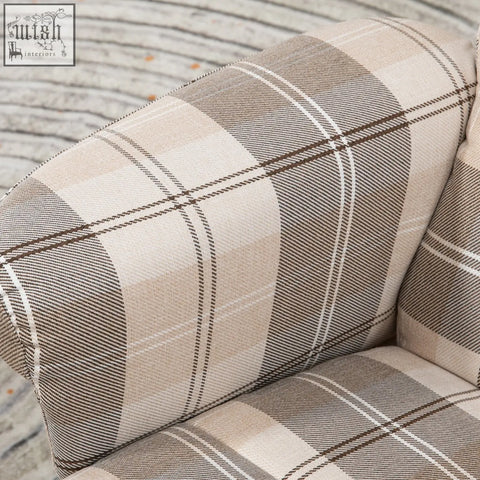 Beige and brown plaid upholstered homcom linen swivel recliner chair with wooden base and footstool storage