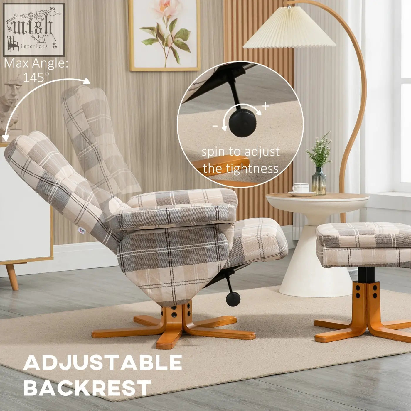 Plaid linen swivel recliner chair with wooden base and adjustable backrest for living room by homcom linen swivel