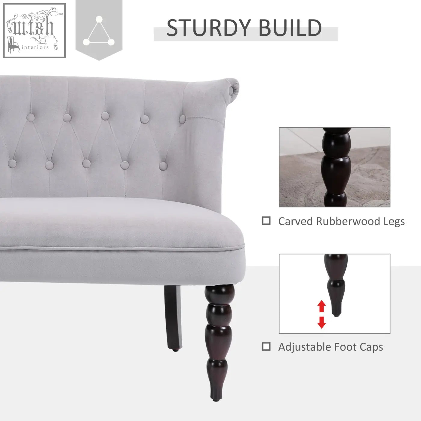 Gray velvet-feel loveseat with button tufted upholstery and carved legs perfect for bedroom or living room seating