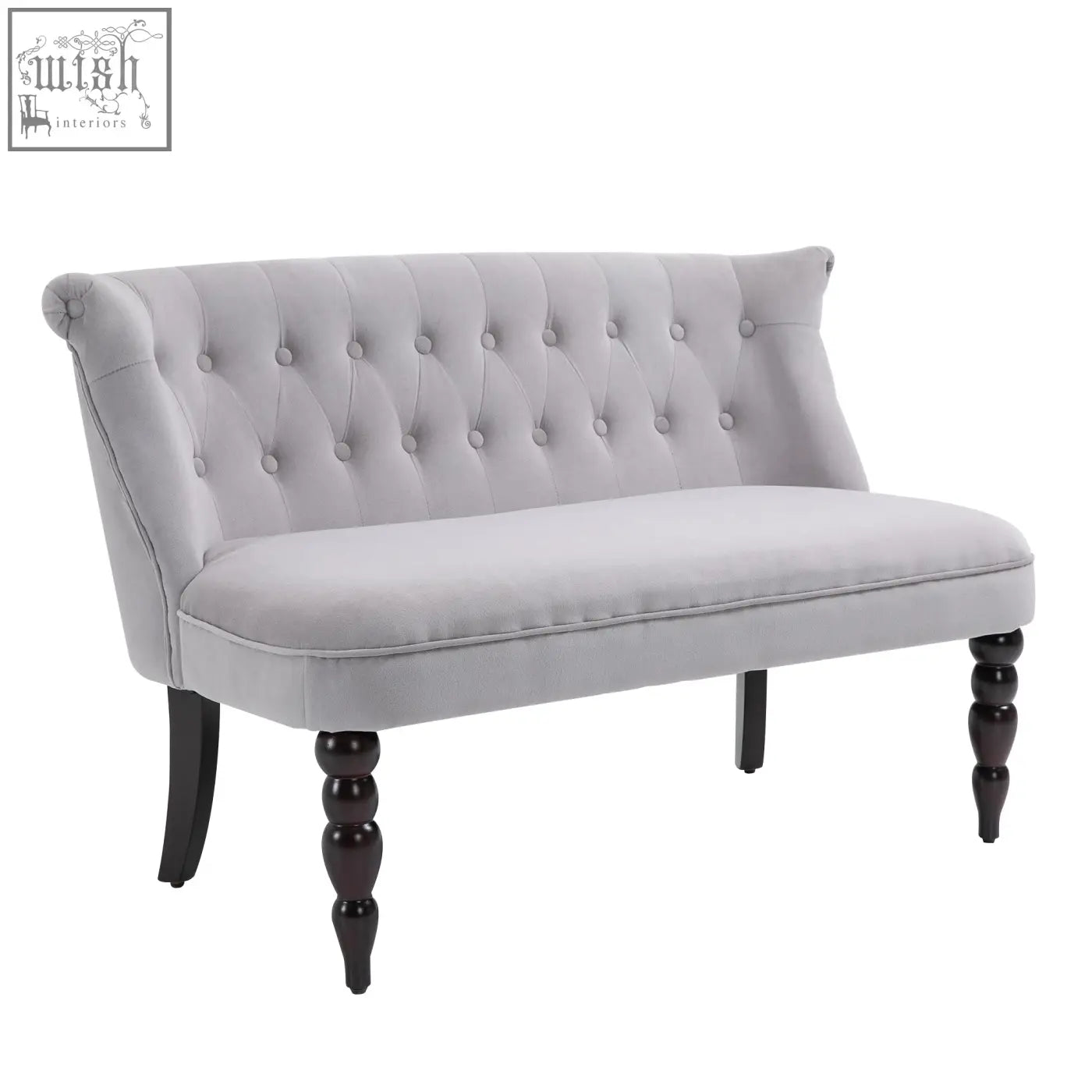 Grey velvet-feel upholstered loveseat with carved legs and scrolled ends perfect for bedroom or living room seating