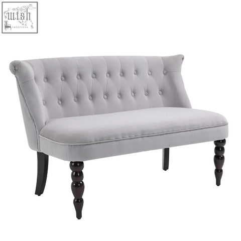 Grey velvet-feel upholstered loveseat with carved legs and scrolled ends perfect for bedroom or living room seating