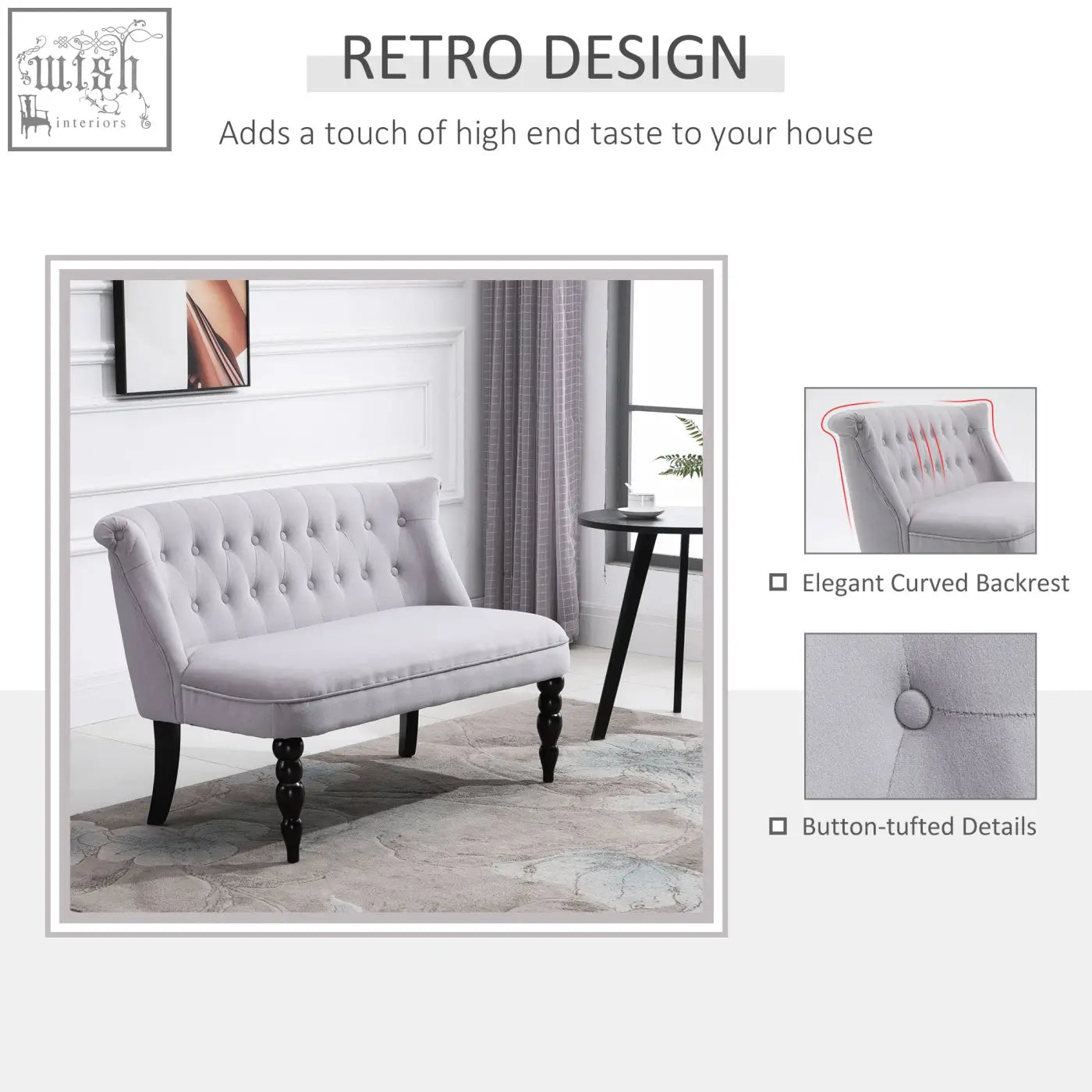 Light gray homcom loveseat with velvet-feel upholstery, button tufted backrest, carved legs, and scrolled ends for living room