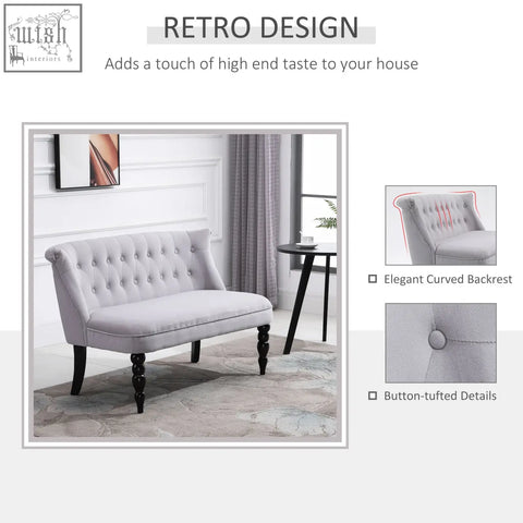 Light gray homcom loveseat with velvet-feel upholstery, button tufted backrest, carved legs, and scrolled ends for living room
