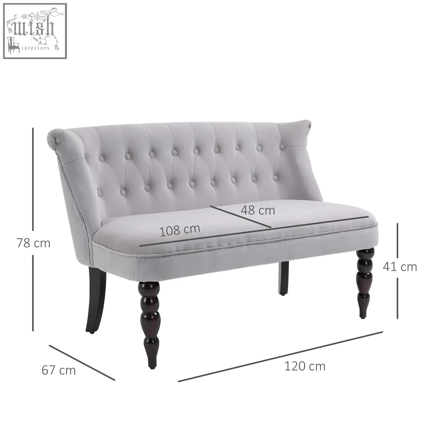 Gray velvet-feel loveseat with button tufted seat and carved legs perfect for bedroom or living room use