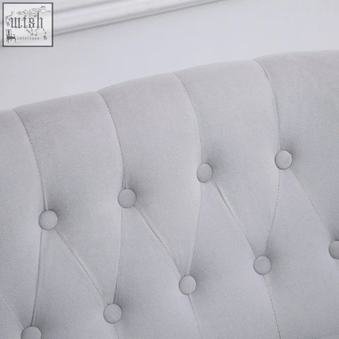 Soft light gray velvet-feel upholstery loveseat with button tufted headboard and carved legs for living room seating