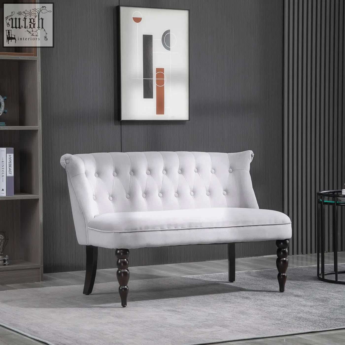 White tufted velvet-feel loveseat with carved legs and scrolled ends for compact bedroom or living room use