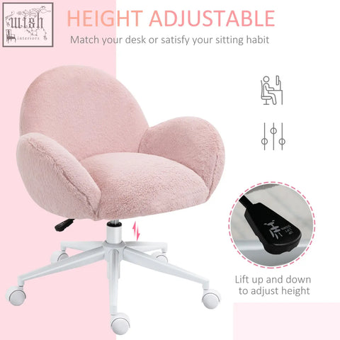 Soft pink fluffy desk chair with height-adjustable base and white caster wheels ideal for home office or vanity desk