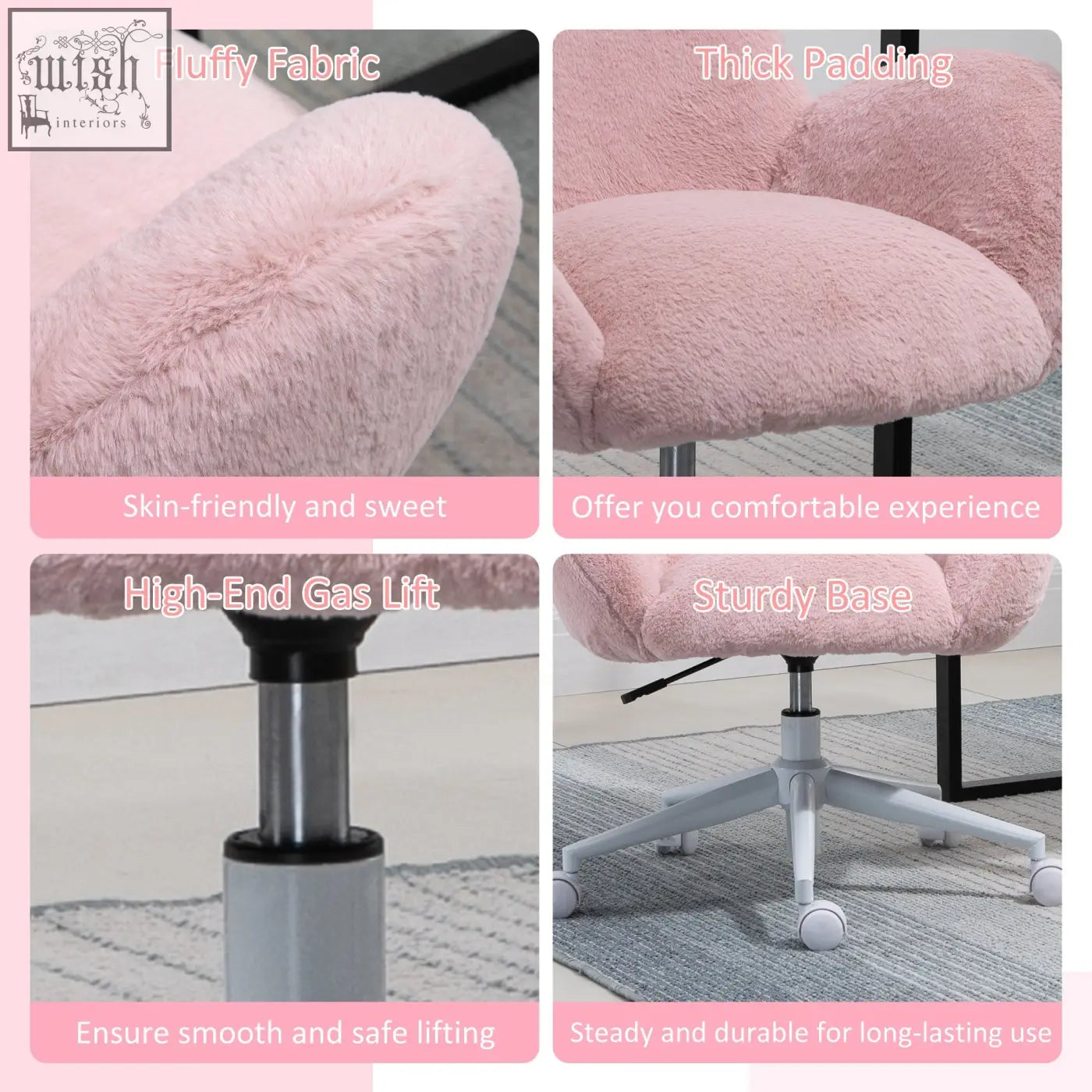 Pink fluffy desk chair with thick padding and rolling wheels ideal for home office and bedroom makeup vanity setup