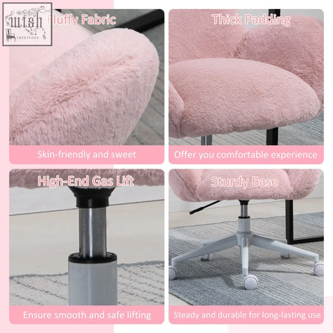 Pink fluffy desk chair with thick padding and rolling wheels ideal for home office and bedroom makeup vanity setup