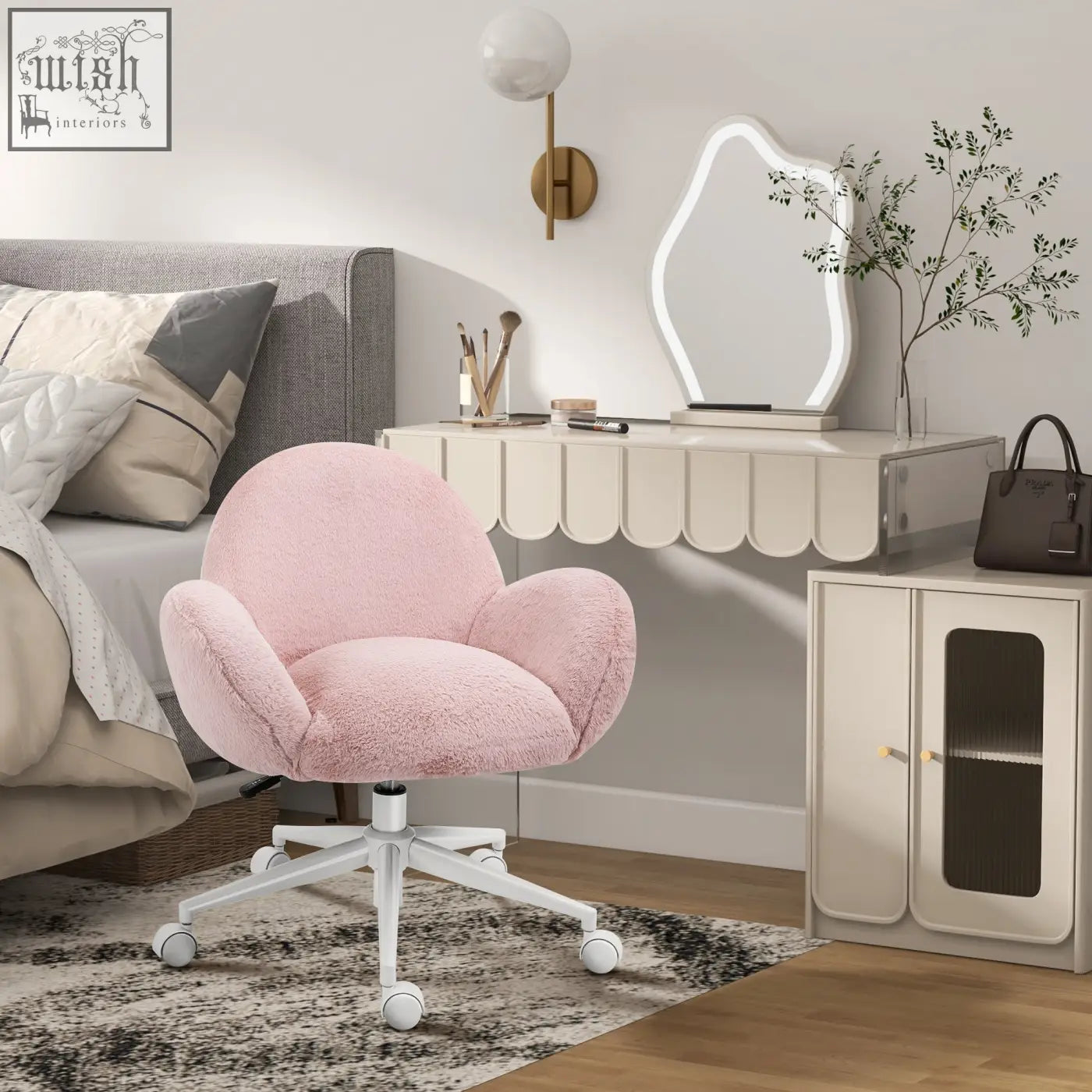 Pink fluffy desk chair with white metal base and rolling wheels perfect for home office or makeup vanity use