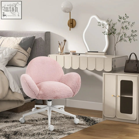 Pink fluffy desk chair with white metal base and rolling wheels perfect for home office or makeup vanity use