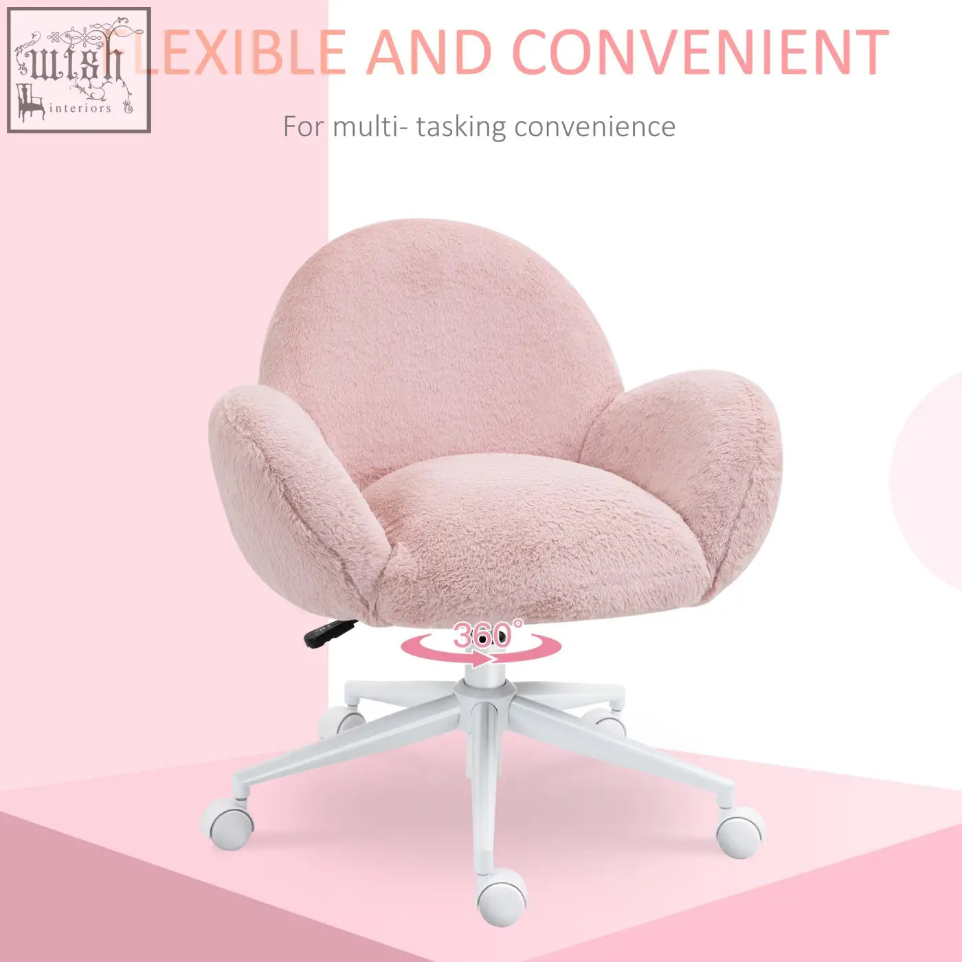 Soft pink fluffy desk chair with rounded cushions and white swivel base perfect for home office or vanity desk