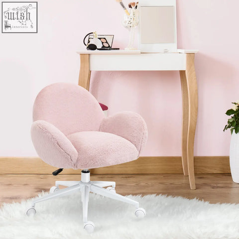 Soft pink plush fluffy desk chair with white metal base and rolling wheels perfect for home office or makeup vanity
