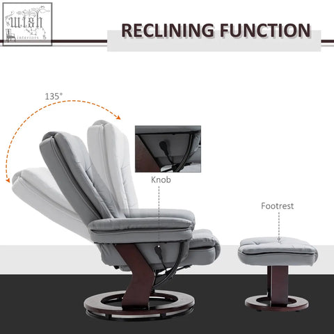 Gray homcom manual recliner lounge chair with matching ottoman swivel wood base and 135-degree recline in pu leather