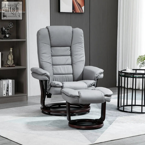 Gray leather homcom manual recliner with matching ottoman padded design and swivel wood base for comfy lounging