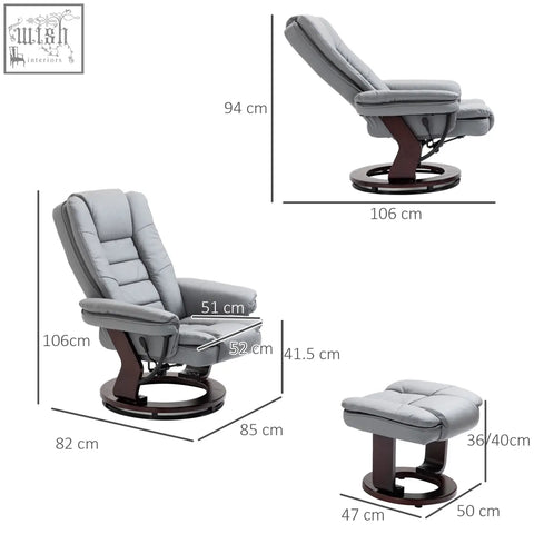 Gray leather homcom manual recliner with swivel wood base and matching ottoman for comfortable lounging