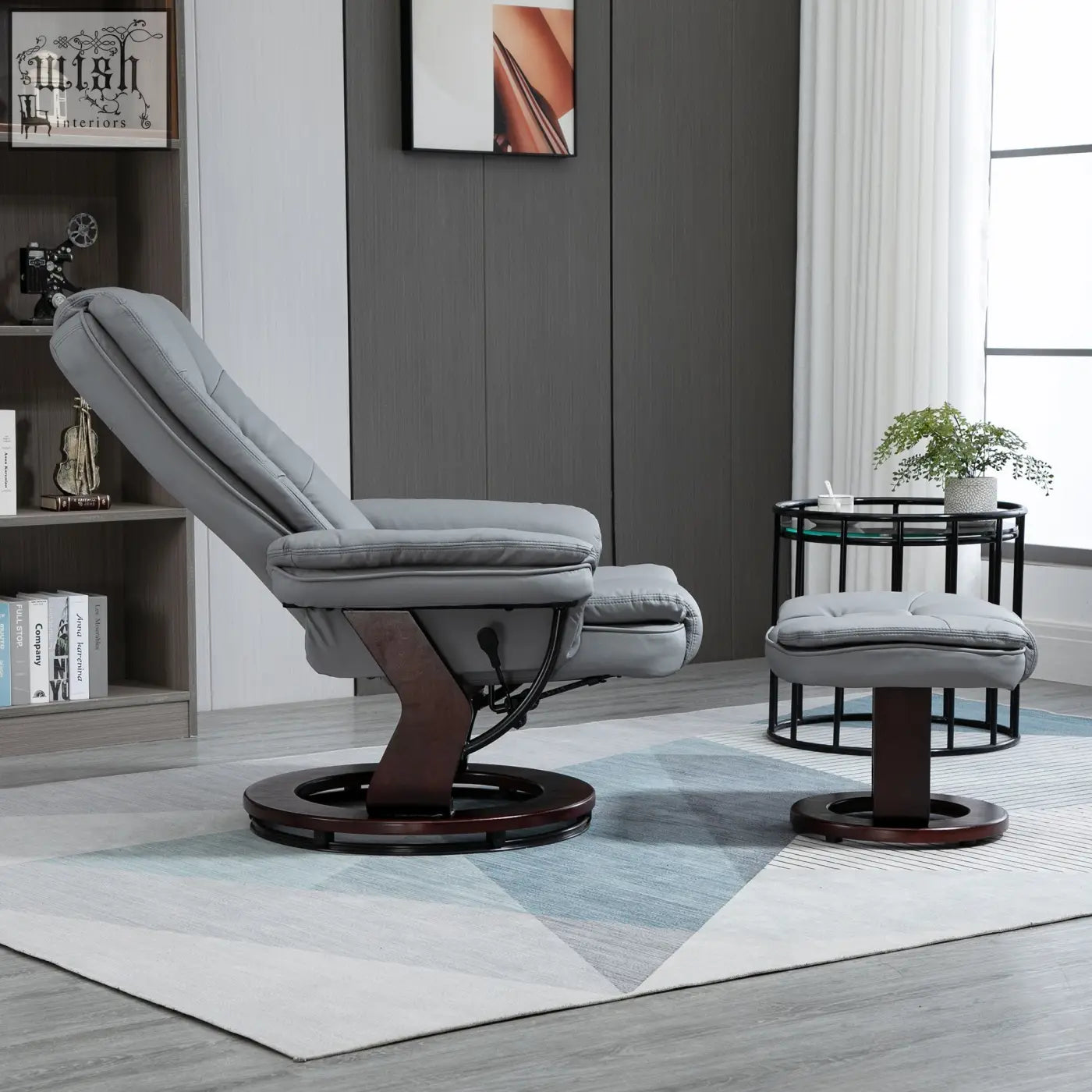 Grey homcom manual recliner with pu leather and swivel wood base comes with matching ottoman and circular footrests