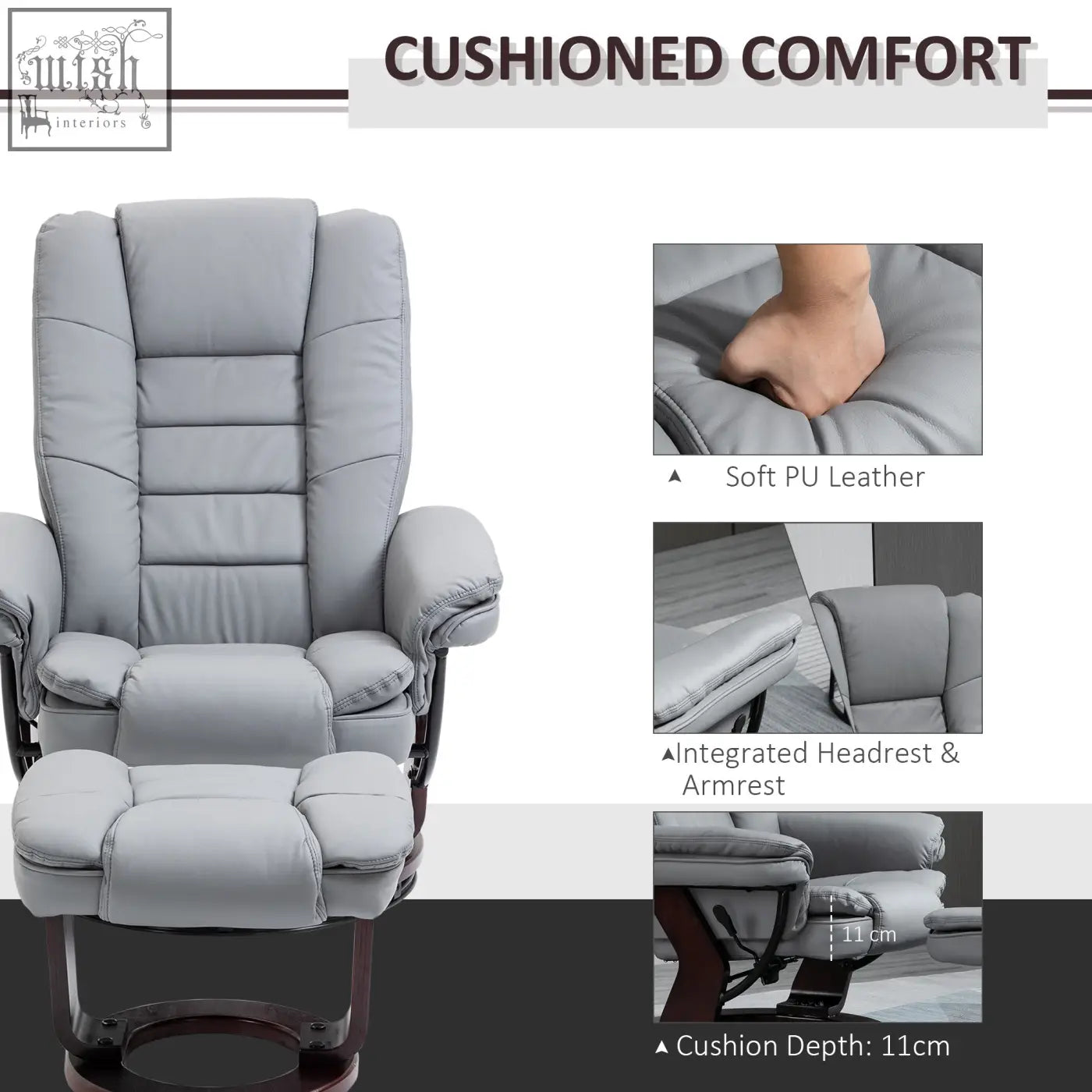 Light gray homcom manual recliner with soft pu leather upholstery swivel wood base and integrated headrest armrest