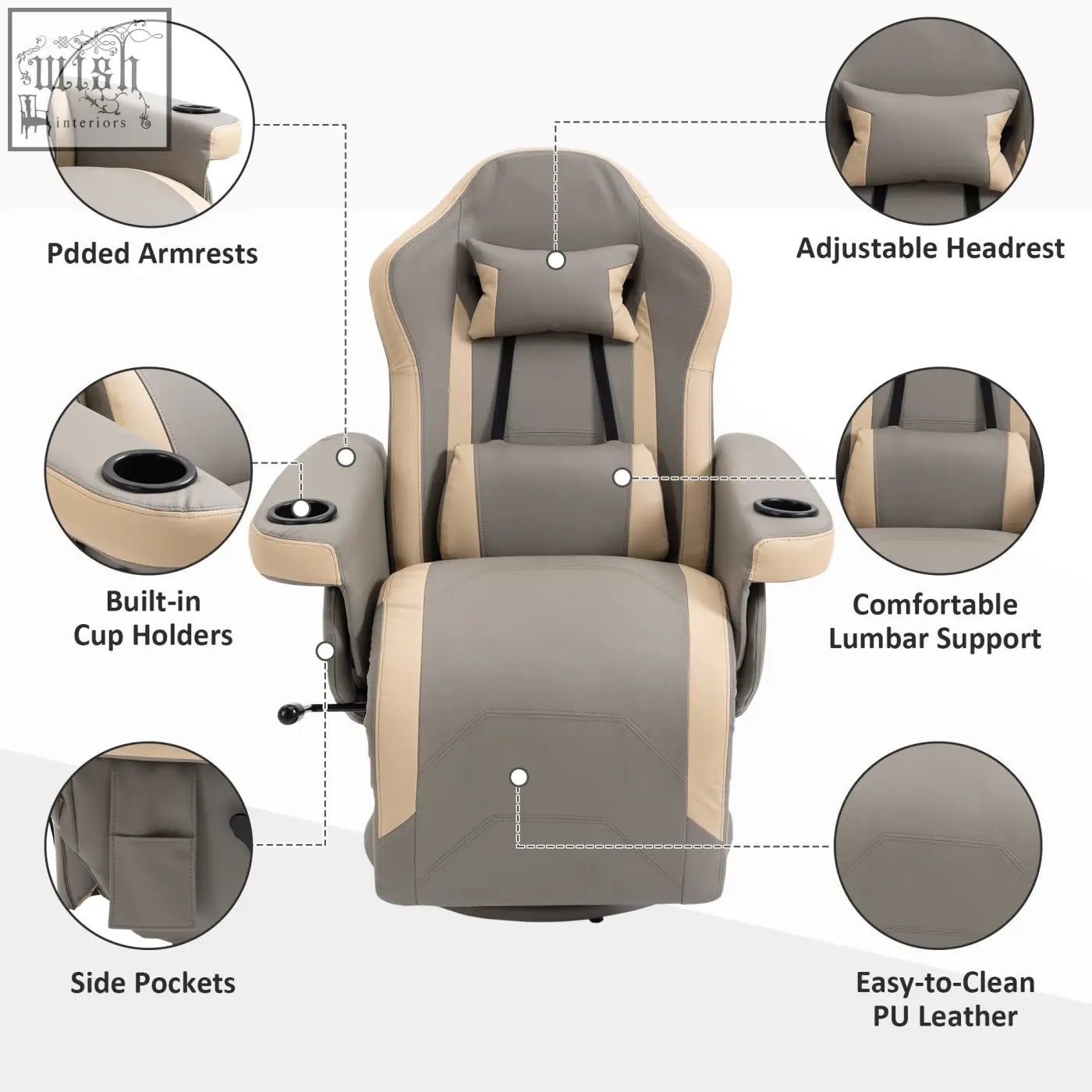 Gray and beige homcom recliner chair with faux leather, adjustable headrest, cup holders, lumbar support, and c2 b0 swivel