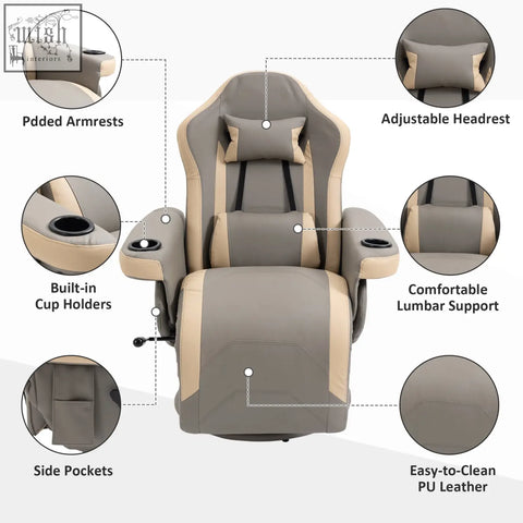 Gray and beige homcom recliner chair with faux leather, adjustable headrest, cup holders, lumbar support, and c2 b0 swivel