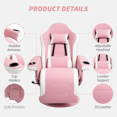 HOMCOM Manual Recliner Armchair PU Leather Lounge Chair w Adjustable Leg Rest, 135\'c2\'b0 Reclining Function, 360\'c2\'b0 Swivel, Pink