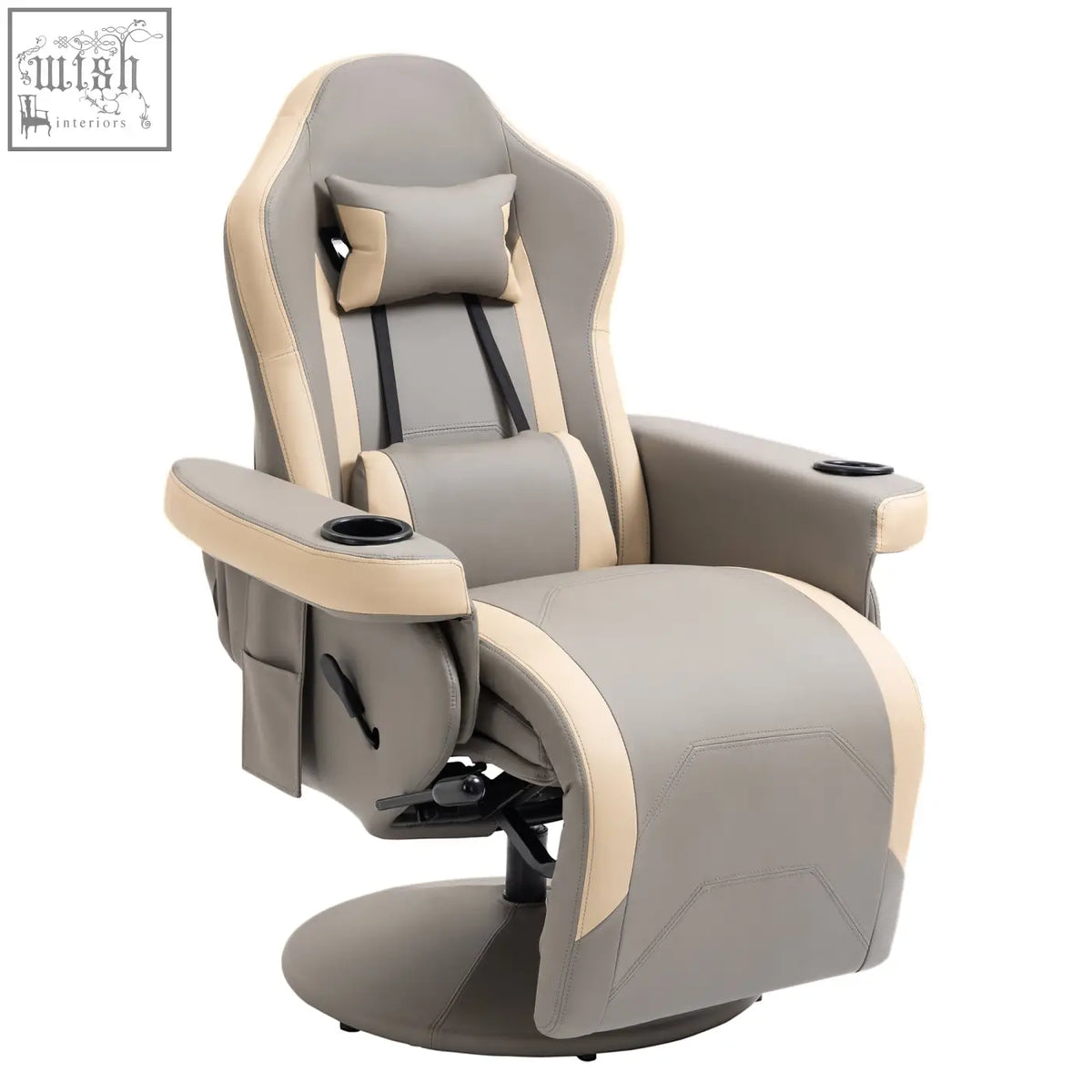 Gray and beige homcom manual recliner chair with faux leather, black stitching, cup holders, 135c2b0 reclining function