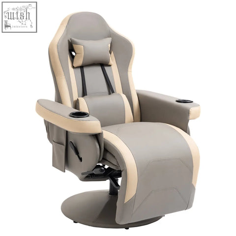 Gray and beige homcom manual recliner chair with faux leather, black stitching, cup holders, 135c2b0 reclining function