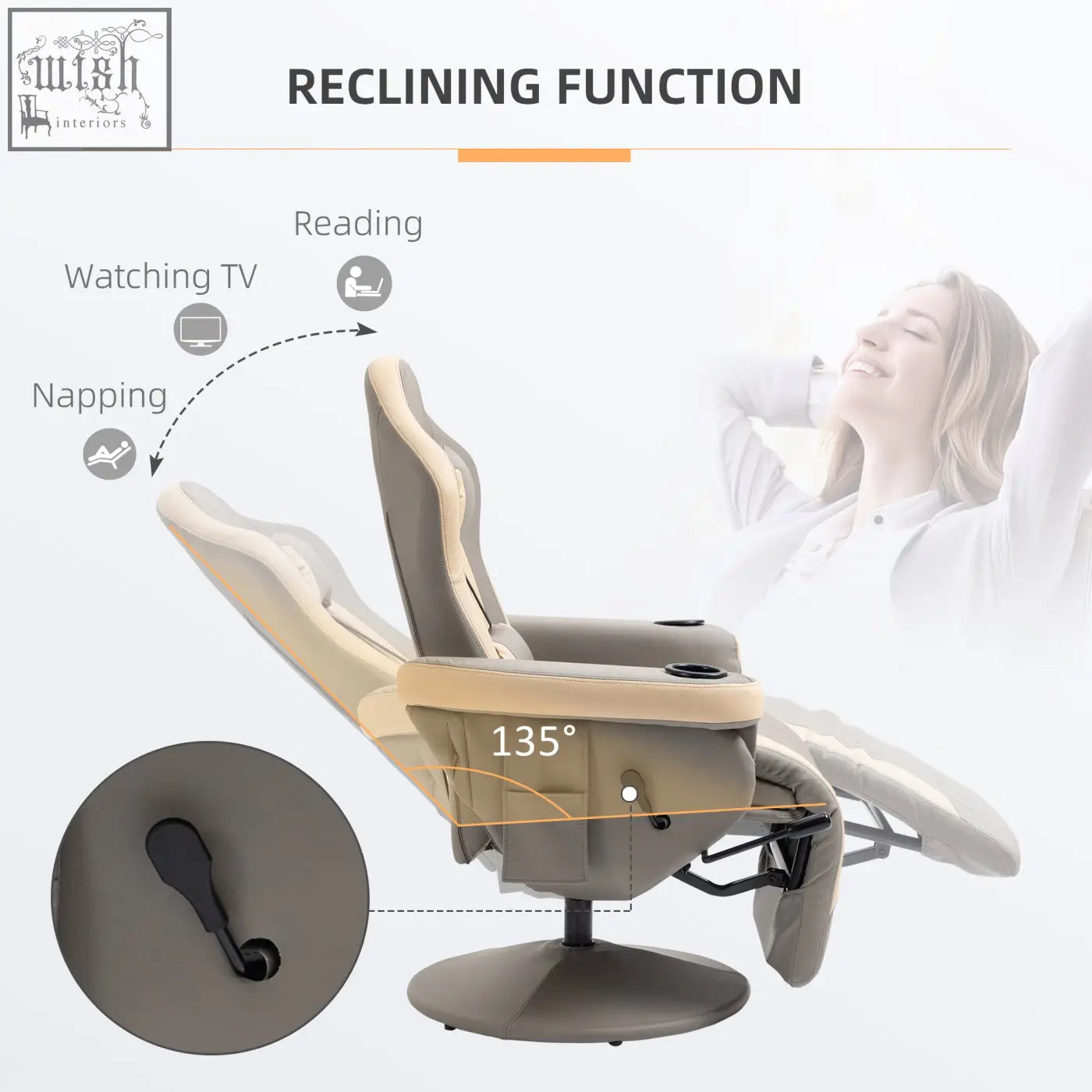 Beige and gray faux leather recliner chair with 135 c2 b0 adjustable backrest and swivel lounge design