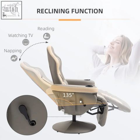 Beige and gray faux leather recliner chair with 135 c2 b0 adjustable backrest and swivel lounge design