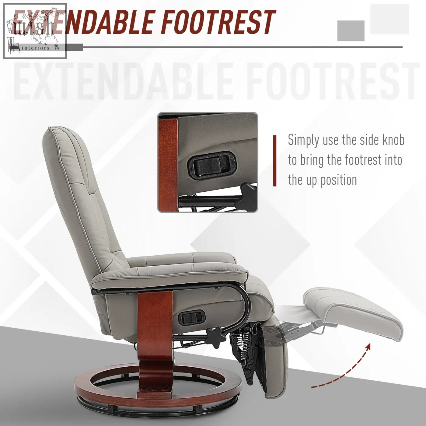 Gray faux leather recliner chair with manual footrest and wooden base for living room or bedroom use