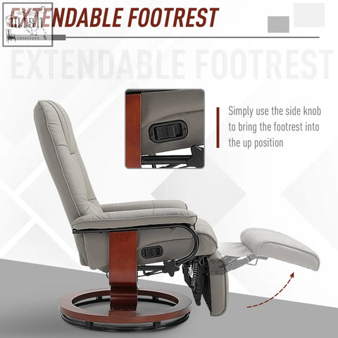 Gray faux leather recliner chair with manual footrest and wooden base for living room or bedroom use