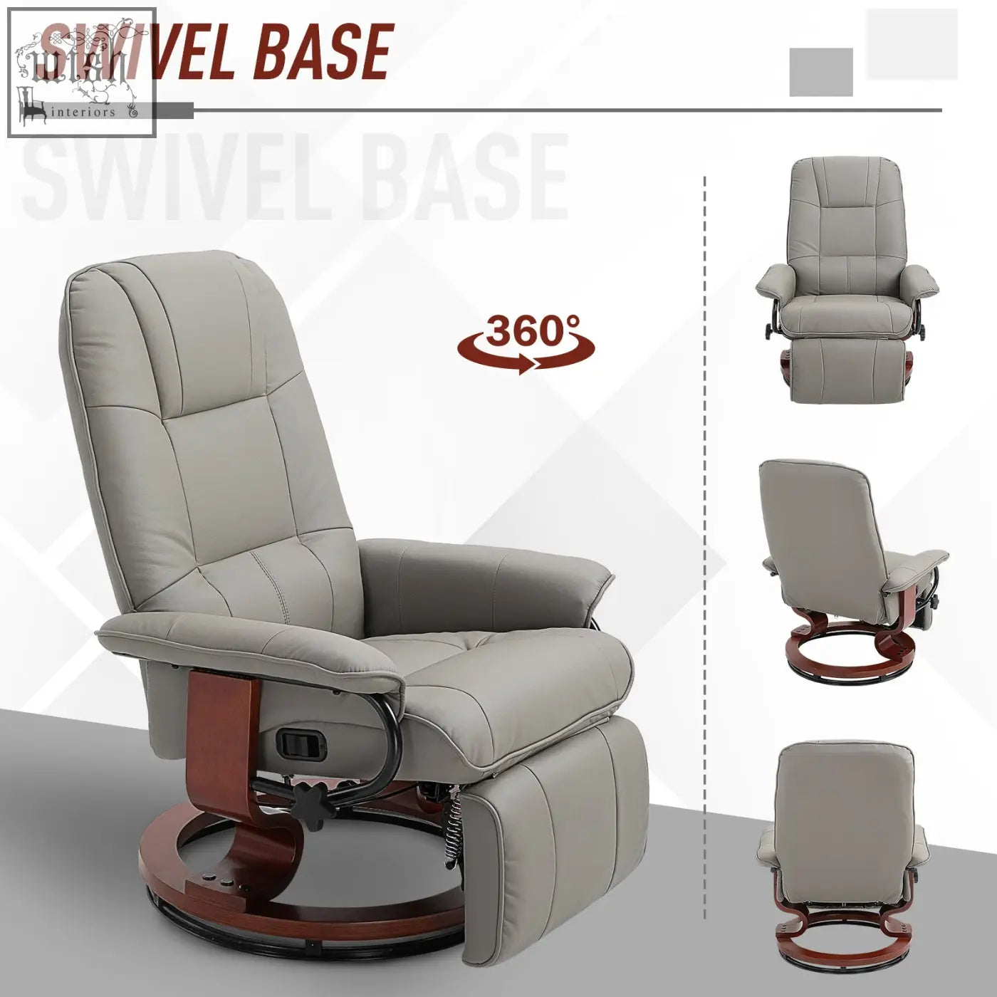 Gray faux leather manual recliner chair with wooden swivel base and manual footrest for living room or bedroom