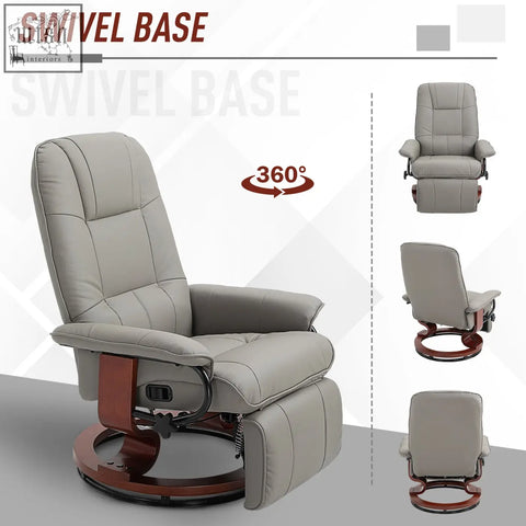 Gray faux leather manual recliner chair with wooden swivel base and manual footrest for living room or bedroom