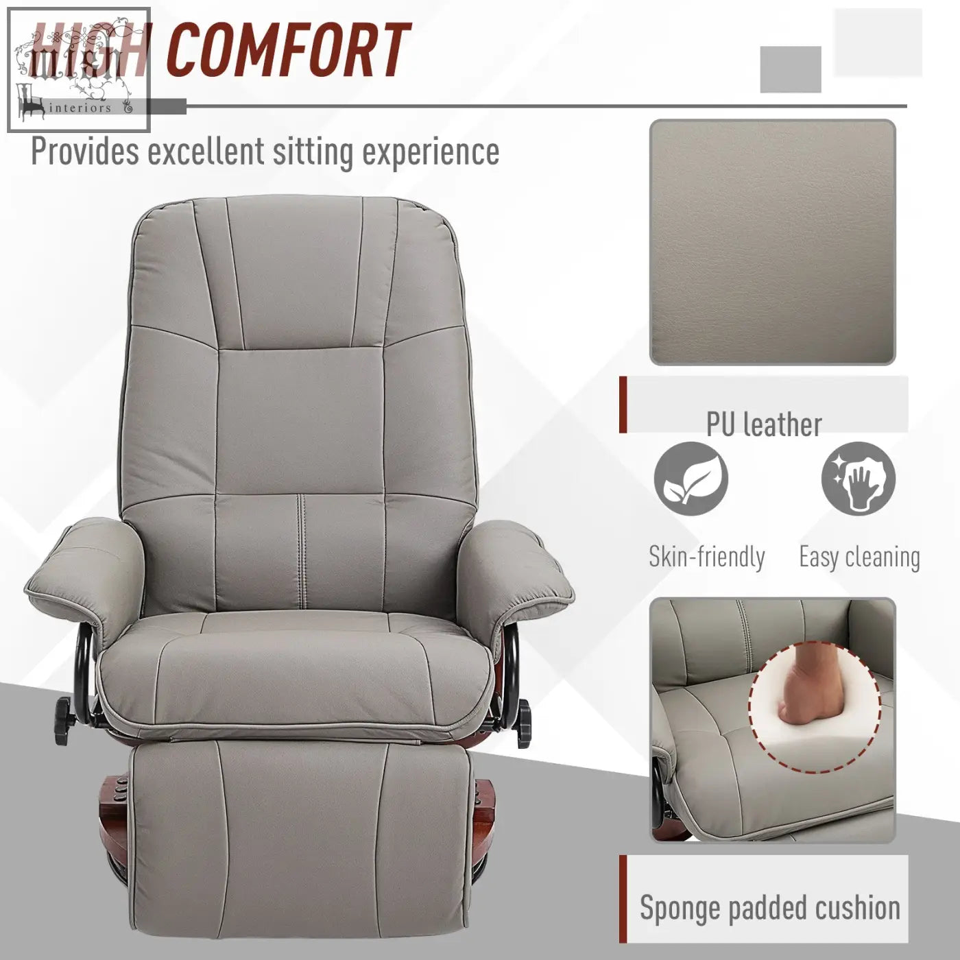Gray pu faux leather manual recliner chair with sponge padded cushion and wooden base for living room or bedroom