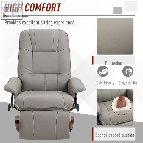 Gray pu faux leather manual recliner chair with sponge padded cushion and wooden base for living room or bedroom