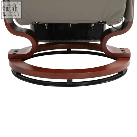 Brown wooden base with circular design and black metal ring on grey homcom faux leather manual recliner chair c2 b0
