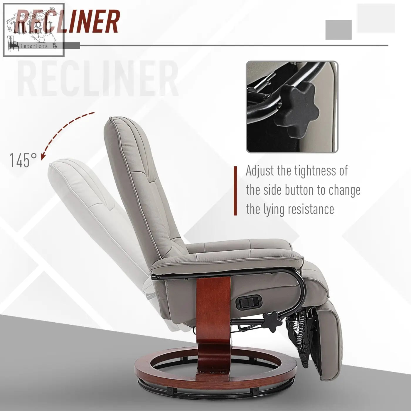 Gray upholstered recliner chair with faux leather manual footrest and wooden base perfect for living room or bedroom