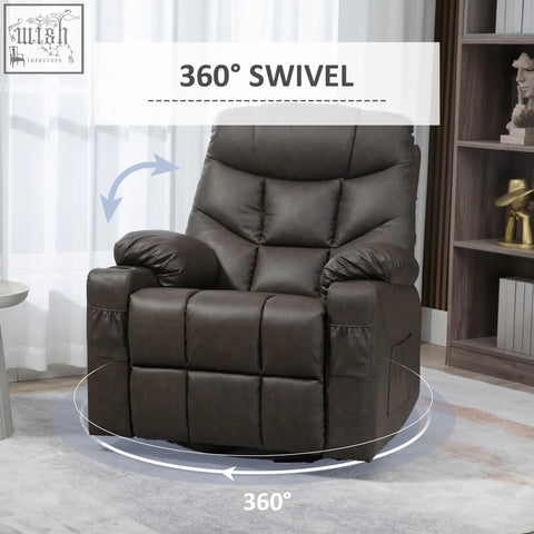 Dark brown faux leather recliner with 360 degree swivel base and two cup holders for comfy lounging