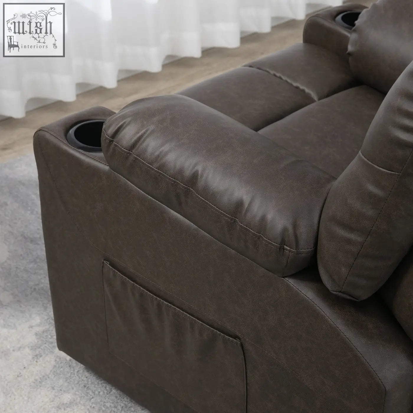 Brown faux leather recliner chair with built-in two cup holders and side pocket for comfortable lounging