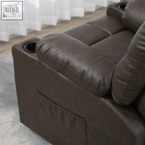 Brown faux leather recliner chair with built-in two cup holders and side pocket for comfortable lounging