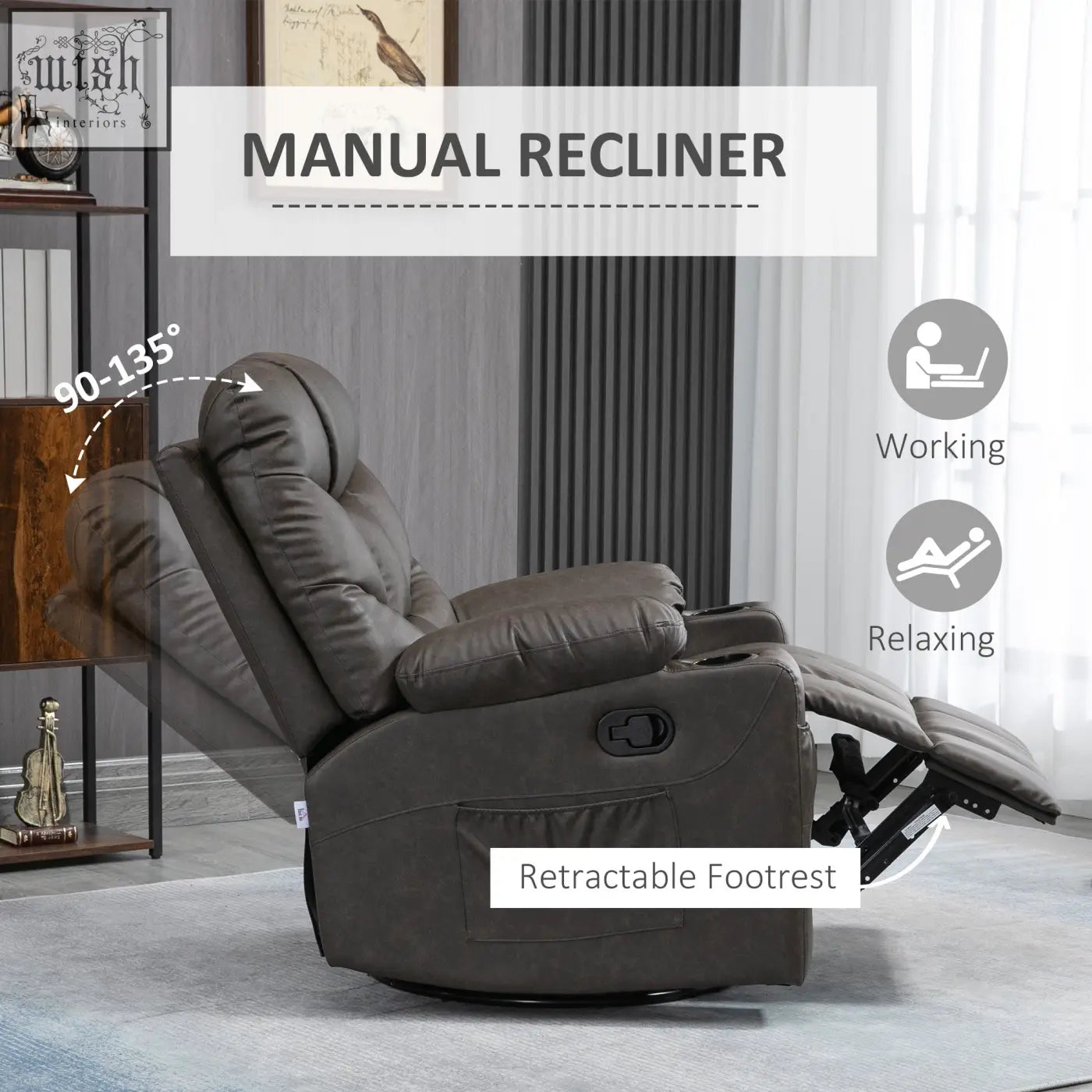 Dark gray faux leather homcom manual reclining chair with retractable footrest swivel base and two cup holders