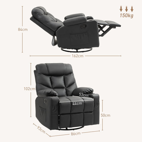 HOMCOM Manual Reclining Chair, Recliner Armchair with Swivel, Faux Leather, Footrest, Cup Holders, 86x93x102cm, Black
