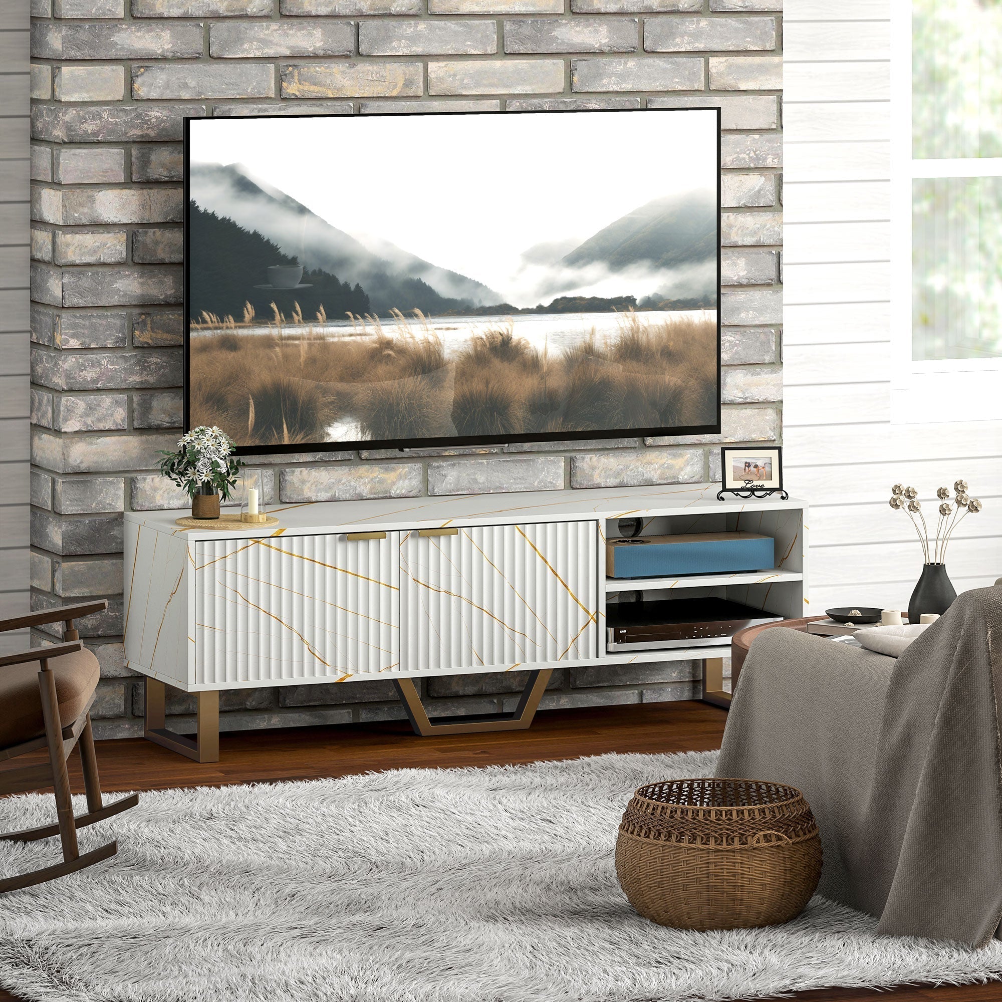 White marble effect tv console with gold veining fluted cabinet doors finger edge pulls and two open shelves