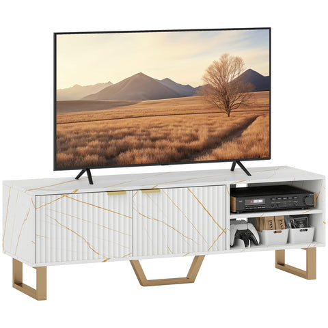 Modern white marble effect tv stand with gold veining fluted cabinet doors two open shelves and finger edge pulls